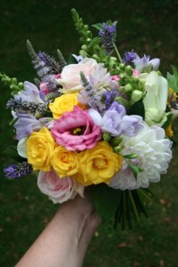 Dahlia, mint, fresia and rose bouquet