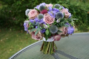 Pink rose, blue scabious and Echinops