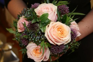 Allium, peach rose and viburnum bouquet